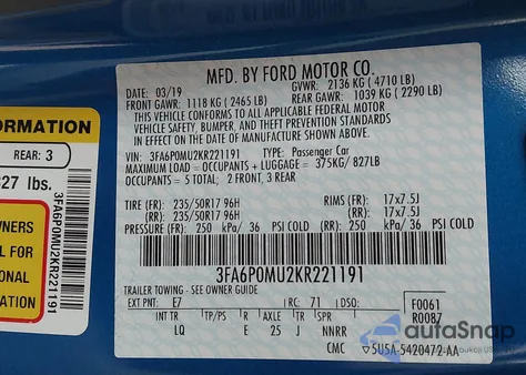2019 Ford Fusion Hybrid Sel from USA, damaged, VIN 3FA6P0MU2KR221191
